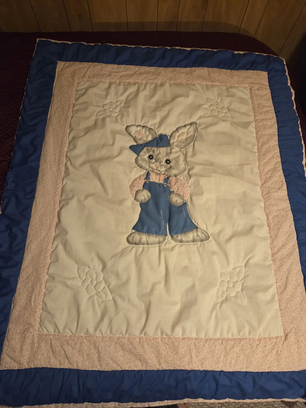 Vintage Blue & Pink Handmade Applique Baby Quilt With Bunny In Blue Overalls/Hat